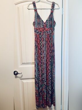 Spense Sleeveless Multicolor Tribal Print Maxi Dress large deep V